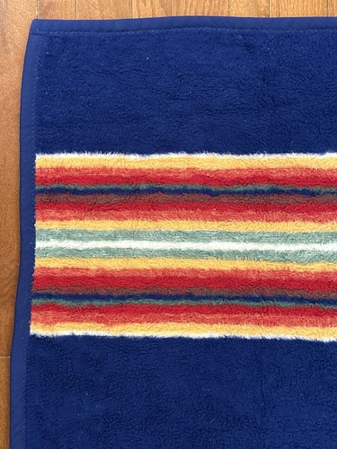 Vintage Ibena Fleece Striped Blanket Throw Blue Red Yellow 80s 90s Turkey - Picture 4 of 11
