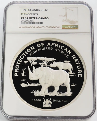1993 SILVER UGANDA 10,000 SHILLINGS RHINOCEROS KILO NGC PF 68 ULTRA CAMEO