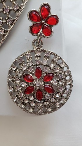 Jewelry Set Choker Necklace Earring Tikka Kundan CZ Red Silver Tone Bollywood - Picture 4 of 7