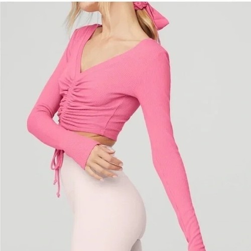 Alo Yoga Ribbed Cinched Cropped Top Long Sleeve Knit Womens M Pink V-Neck Ruched - Picture 2 of 11