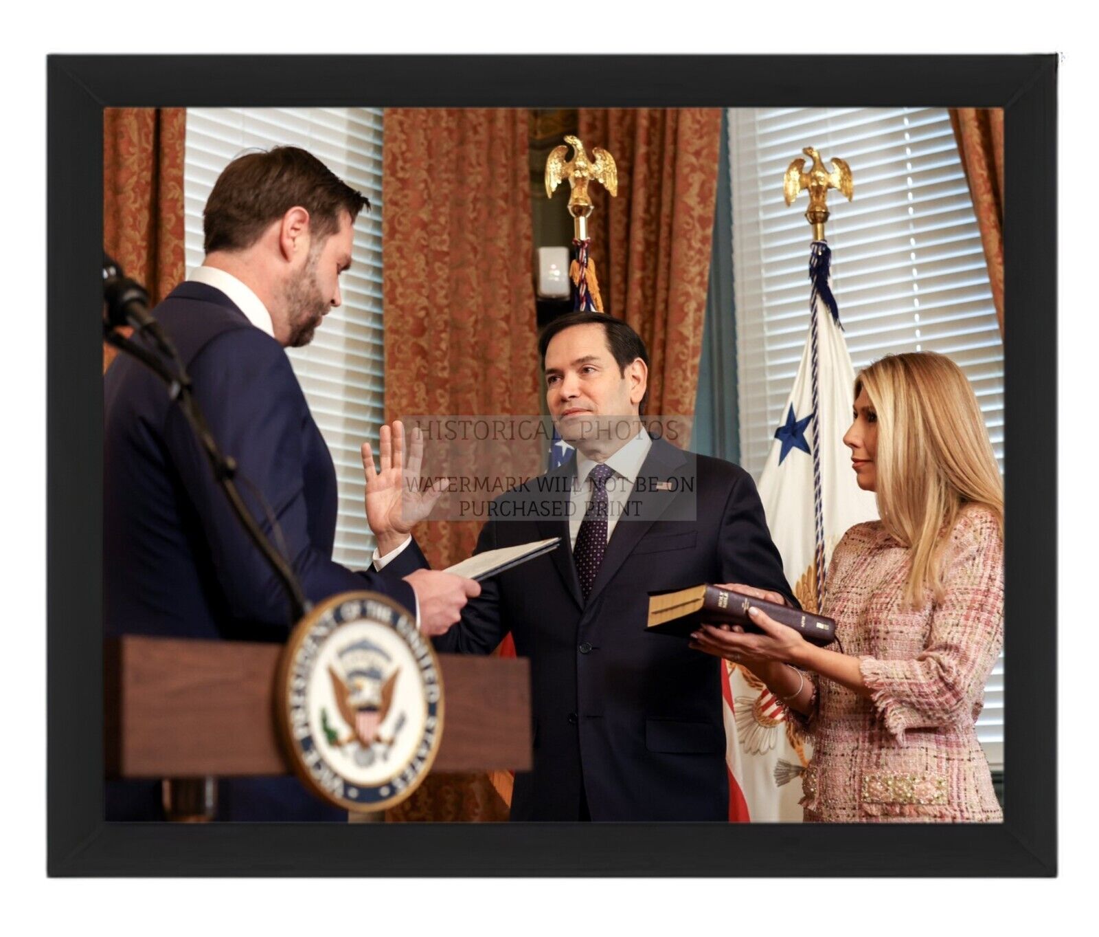 MARCO RUBIO BEING SWORN IN BY J.D. VANCE AS SECRETARY OF STATE 8X10 FRAMED PHOTO