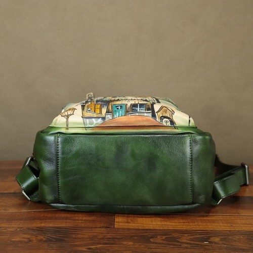 Genuine Leather Backpack Purse Women Hand Painted Vintage Rucksack Knapsack Bag - Picture 7 of 9