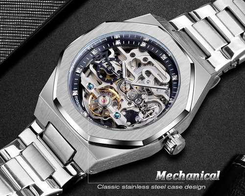 Forsining Casual Automatic Watch 3d Diamond Skeleton Hollow Mens Wristwatches Lu - Picture 13 of 27