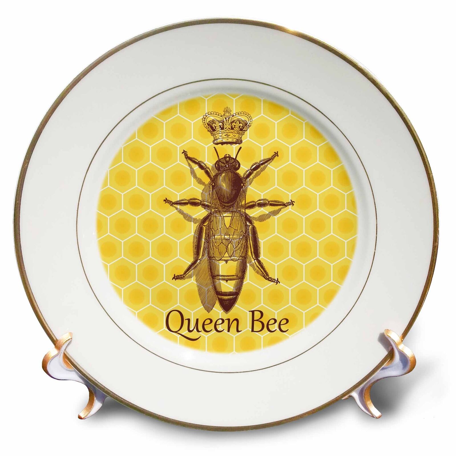 3dRose Stately Queen Bee with Royal Crown over Yellow Honeycomb 8 inch Porcelain