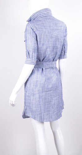 MARKUP W. DONNA VESTITO CORTO A CAMICIA CON CINTURA CELESTE A RIGHE IN COTONE - Foto 4 di 8
