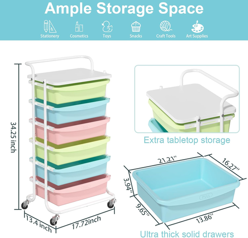 X1 Rolling Storage Cart with Drawers, Utility Cart with 6 Plastic Drawers, Stora - Picture 3 of 12