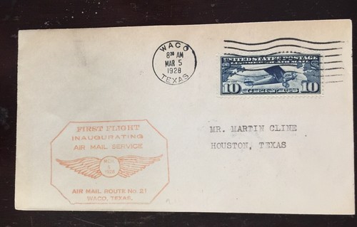1928 First Flight Cover - Waco-Houston CAM 21S5B Sam Houston Cachet 119-21 - 第 1/2 張圖片