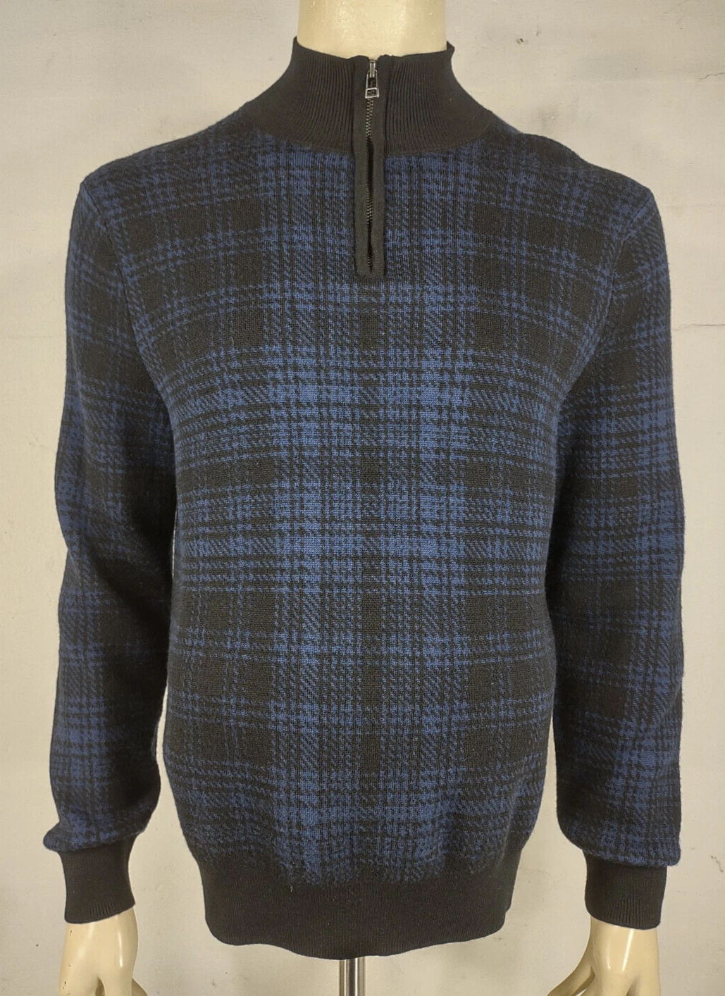 Bonobos blue black plaid check 100% Merino Wool 1/4 zip sweater mens Large Slim