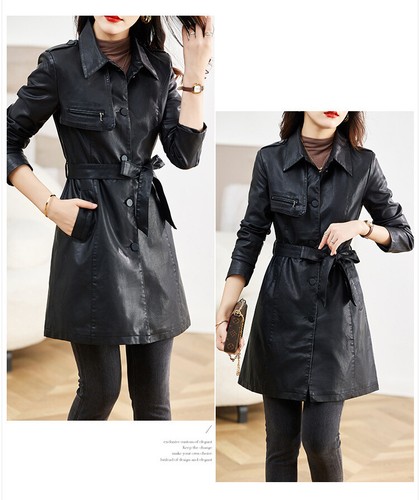 Gabardina de cuero real de medio largo calce ajustado negra para mujer Prendas de abrigo Moda - Imagen 16 de 25