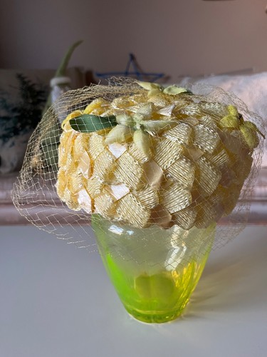 Vintage GELB Seide Blumen PILLBOX HUT KLEIN 20,5 UMFANG - Bild 8 von 16