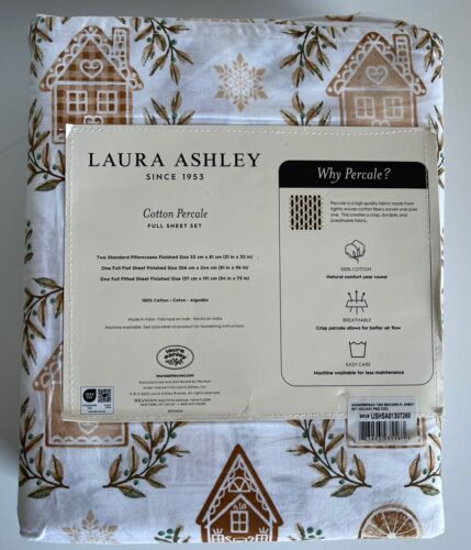 Laura Ashley Full Sheet Set Gingerbread House Gold Beige 4pc Green NEW - Picture 4 of 11