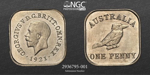 NGC Graded MS66 Australia 1921 Pattern Kookaburra Penny Square Coin Top Pop - Picture 2 of 3