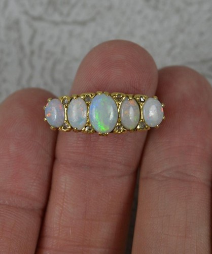 Anillo de cinco piedras de diamantes y ópalo natural de oro de 18 quilates de diseño victoriano - Imagen 13 de 13