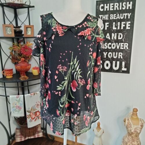 Roz & Ali Large Women's Boho Black Floral Bell Sleeve Cold Shoulder Blouse
