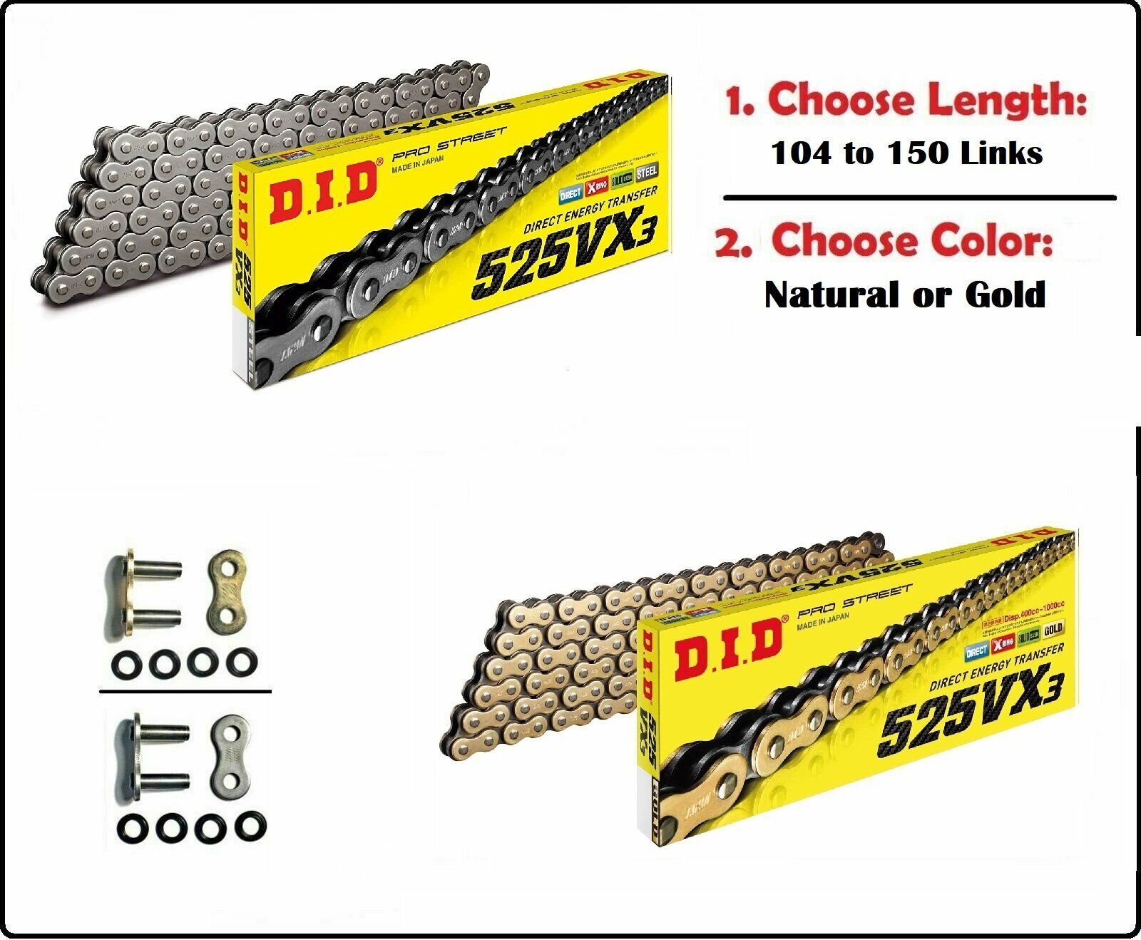 D.I.D DID 525 VX3 Xring Drive Chain Gold or Natural with Rivet Master Link