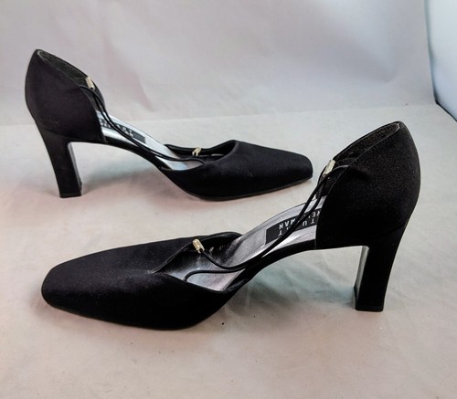 Zapatos de tacón Stuart Weitzman negros satinados estrás con tiras talla 9 B - Imagen 3 de 7