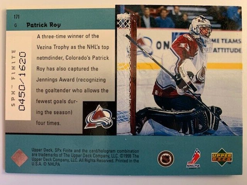 Patrick Roy - Colorado Avalanche - 1998-99 SPx Finite Living Legends #171 #/1620 - Imagen 3 de 3