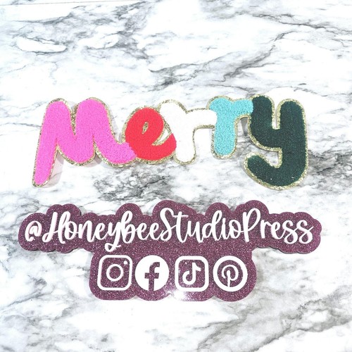 Chenille & Glitter "Merry" Iron-On Patch for the Holidays 4.5" x 11.125" - Picture 3 of 4