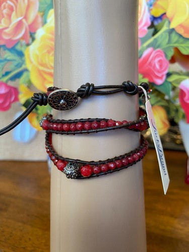 Lucky Brand Triple Wrap Bracelet Red Semi-Precious Stones Black Leather Cord NWT - Picture 2 of 9