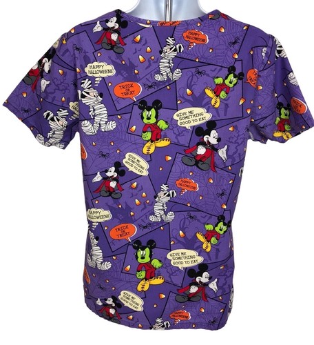 Disney Womens Scrub Top Size XS Purple Halloween Mickey Mouse Candy Corn Pockets - Picture 3 of 12