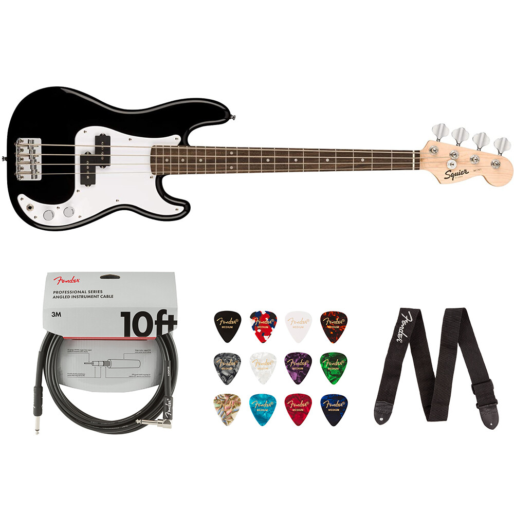 Squier by Fender Mini Precision Bass (Лавровый, черный) с кабелем, ремешками и медиаторами