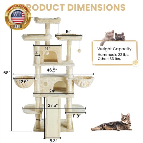 68 Inches Multi-Level Large Cat Tree for Large Kitties/Big Cat Tower with Condo/ - Picture 6 of 10