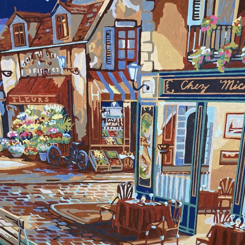 Completed Paint by Number Street Cafe Flower Stand Produce Stone Street at Night - Picture 6 of 8