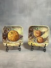 2 Peasant Village Pottery Hand Painted Italy 5 1/8" Square Plates With Stands