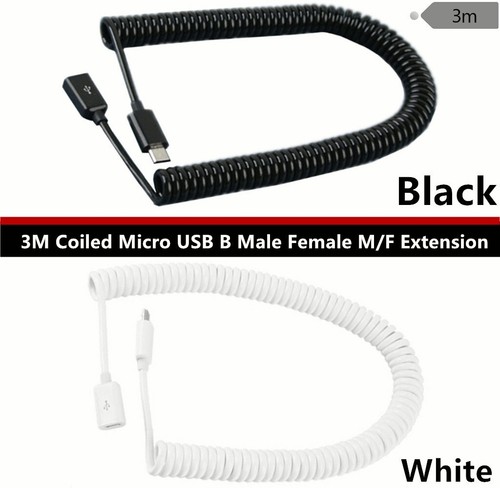 10Ft Coiled Micro USB B Male to Female Extension Data Sync Charger Cable Adapter - Afbeelding 1 van 5