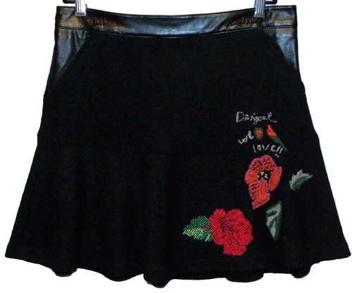 DESiGUAL Tabitha black wool blend embroidered A-line mini short skirt zip 38 S 6