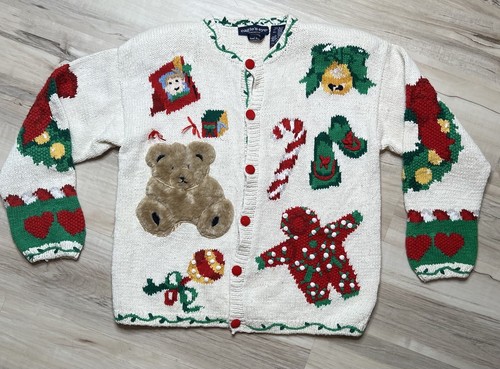 Vintage Eagles Eye Ugly Christmas Sweater Cardigan Women Size M Teacher Y2K