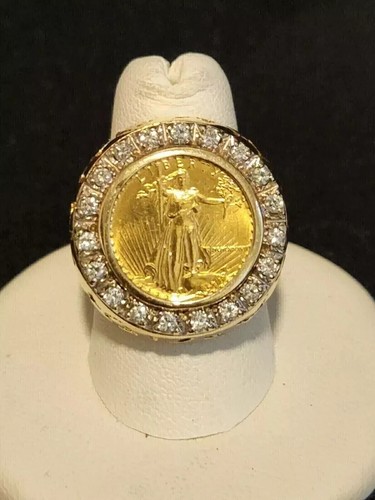 2 Ct Lab Created Diamond Men's Liberty Coin Ring 14K Yellow Gold Plated Silver - Picture 2 of 4