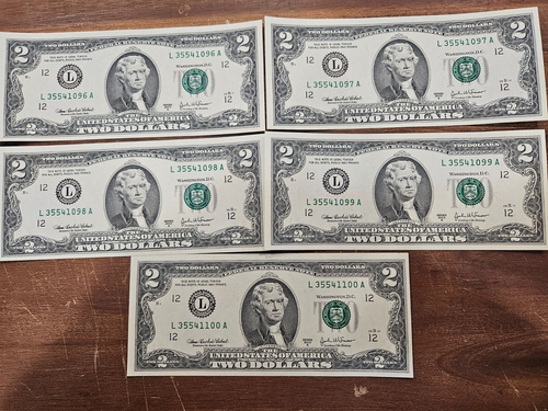 Lot of 5 Two Dollar Bill $2 Note, 2003-A (SAN FRANCISCO) Uncirculated