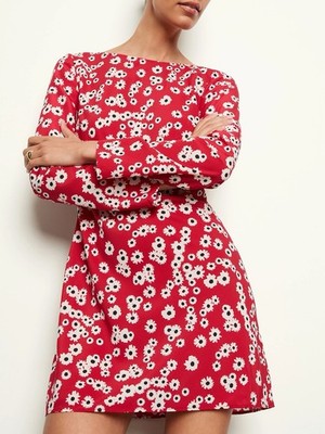 knee length dresses for ladies Long Sleeve Deep Plunge Mini Dress in Red - 4