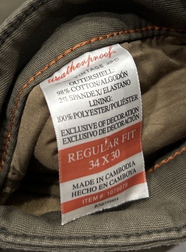 Weatherproof Men's Reg Fit Fleece-Lined Stretch Canvas Pants, Green, Size 34X30 - Picture 6 of 6