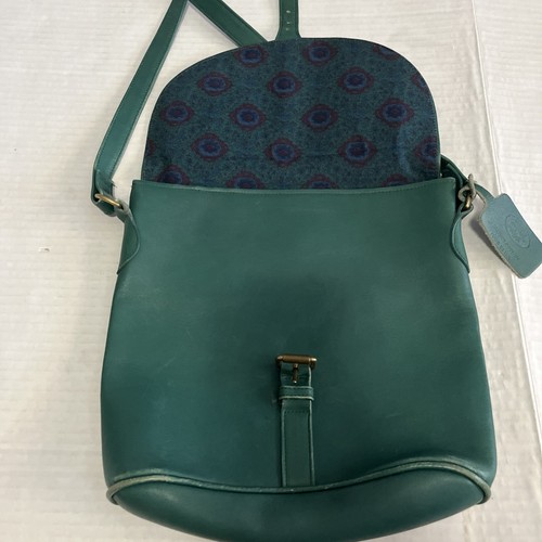 Vtg. Laura Ashley USA Purse Green Leather Flap Brass Shoulder HandBag Crossbody - Imagen 5 de 18