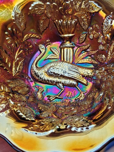 Scarce Amethyst Millersburg Carnival Glass Peacock Small Bowl No Bee Tiara Back - Picture 8 of 16