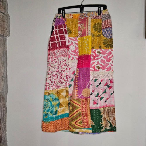 Bohemian Patchwork Kantha Stitch Wide Leg Lounge Pants L XL Hippie Artsy Comfy - Picture 2 of 9