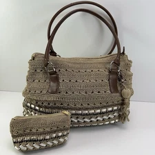 CROCHET Woven Top Handle Satchel Handbag With Makeup Pouch Knit Zip Close Tan