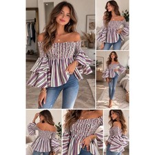 Caroline Constas Smocked Off-the-Shoulder Striped Bell Sleeve Ruffle Top Small