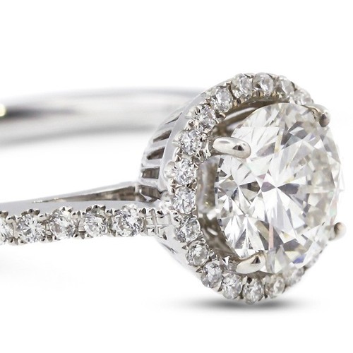 Anillo de piedra lateral halo de diamantes naturales de corte redondo G-vs1 de 1,38 quilates con halo - Imagen 4 de 10