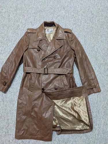 vintage USA made TRENCH COAT leather 42 sherlock BELTED double breasted M brown image 13