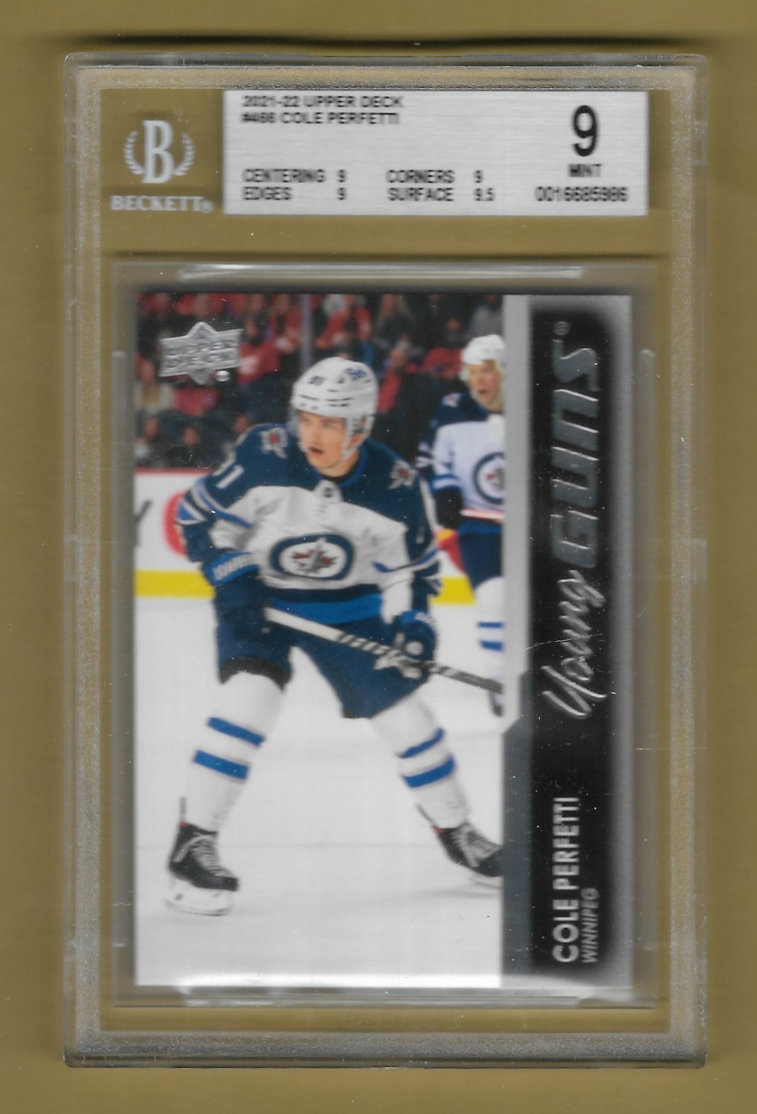 COLE PERFETTI 2021- 22 UPPER DECK YG ROOKIE RC CARD #466 GRADED BECKETT 9 MINT!