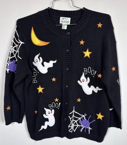 VTG Quacker Factory Halloween Cardigan Black Embellished Ghosts Spiders Size 1X - Picture 3 of 13