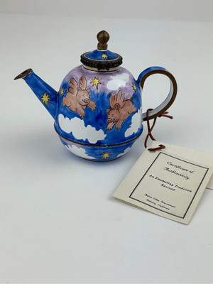 NOS Kelvin Chen Miniature Enamel Copper Decorative Teapot Flying Pig Pigs EN2563
