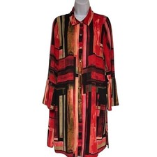 Rafaella Abstract Geometric Red Black Button Up Tunic Dress Pleated Cuffs Size 8
