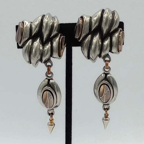 Fahrenheit Silver Tone Mixed Metal Clip-On Dangle Earrings Urban Industrial - Picture 2 of 7