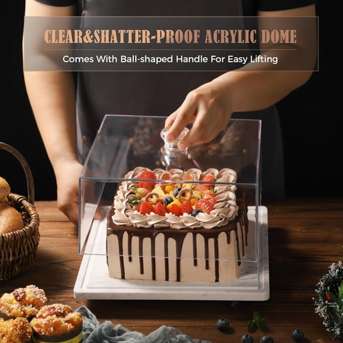 Rotatable Square Cake Stand with Dome,Marble Dessert Holder with Acrylic Lid,... - Picture 7 of 7