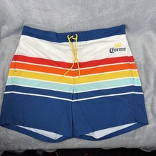 Corona Swim Trunks Mens 3XL Blue Rainbow Striped Lined Board Shorts Beer 7.5"L