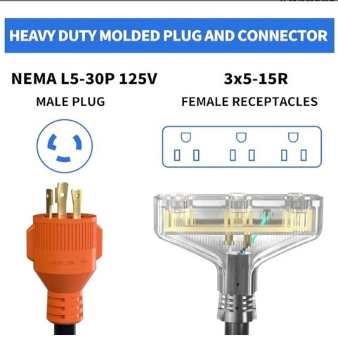 30 Amp to 110 Generator Adapter Cord,3 Prong 30 Amp to 15 Amp Adapter,NEMA L5  - Imagen 4 de 9